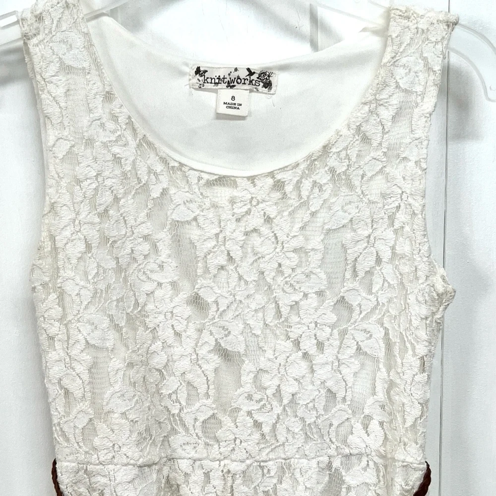 Knitworks White Lace Dress Brown Braided Belt Child Size 8